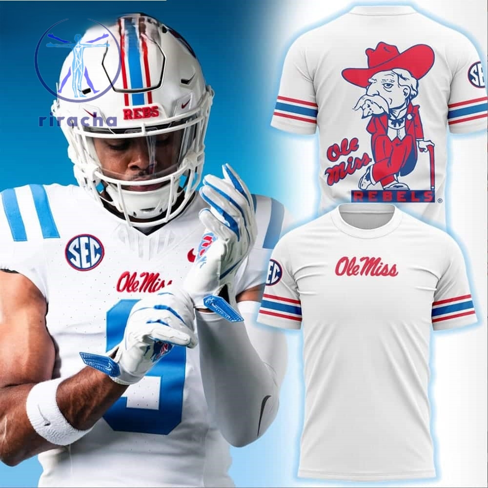 Ole Miss Rebels White Powder Blue Shirt 2024 Ole Miss Rebels Football T Shirt Ole Miss Rebels Football 3D Shirt Unique