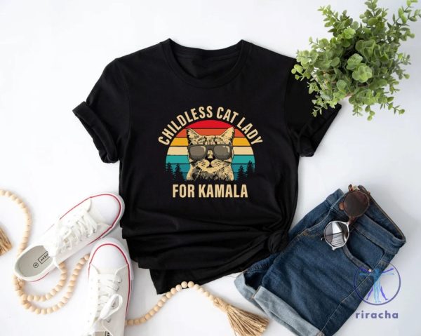 Childless Cat Lady Shirt Kamala Harris 2024 Tee Madam President Democrat Tee riracha 4