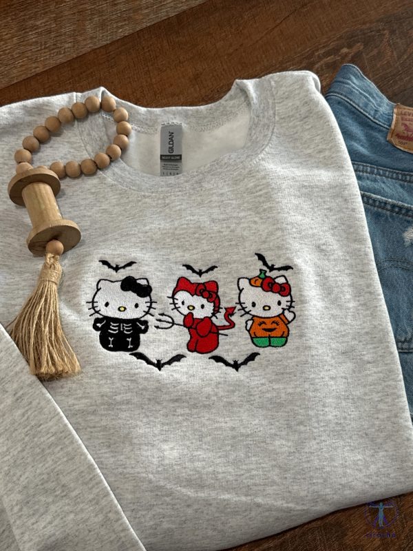 Hello Kitty Halloween Embroidered Shirt Scary Kitty Halloween Crewneck Hello Kitty Halloween Shirt riracha 3