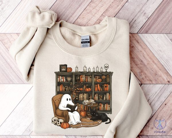 Retro Ghost Reading Books Sweatshirt Librarian Ghost Halloween Halloweentown Shirt riracha 2