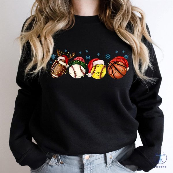 Sport Balls Christmas Lights Sweatshirt Football Baseball Basketball Christmas Hat T Shirt riracha 2