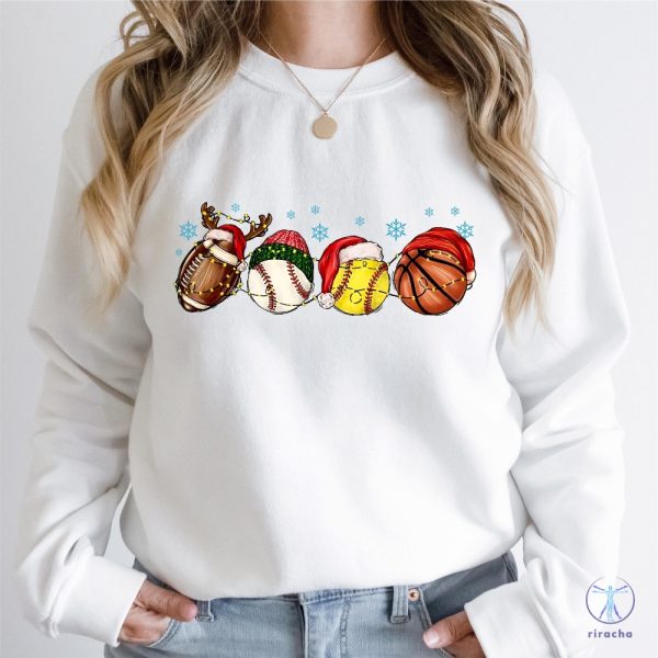 Sport Balls Christmas Lights Sweatshirt Football Baseball Basketball Christmas Hat T Shirt riracha 4