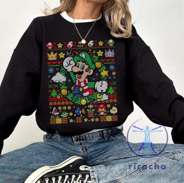 Luigi Super Mario Christmas Shirt Hoodie Sweatshirt Mario Bros Tee Gift For Men Women Xmas Gifts Unique riracha 2