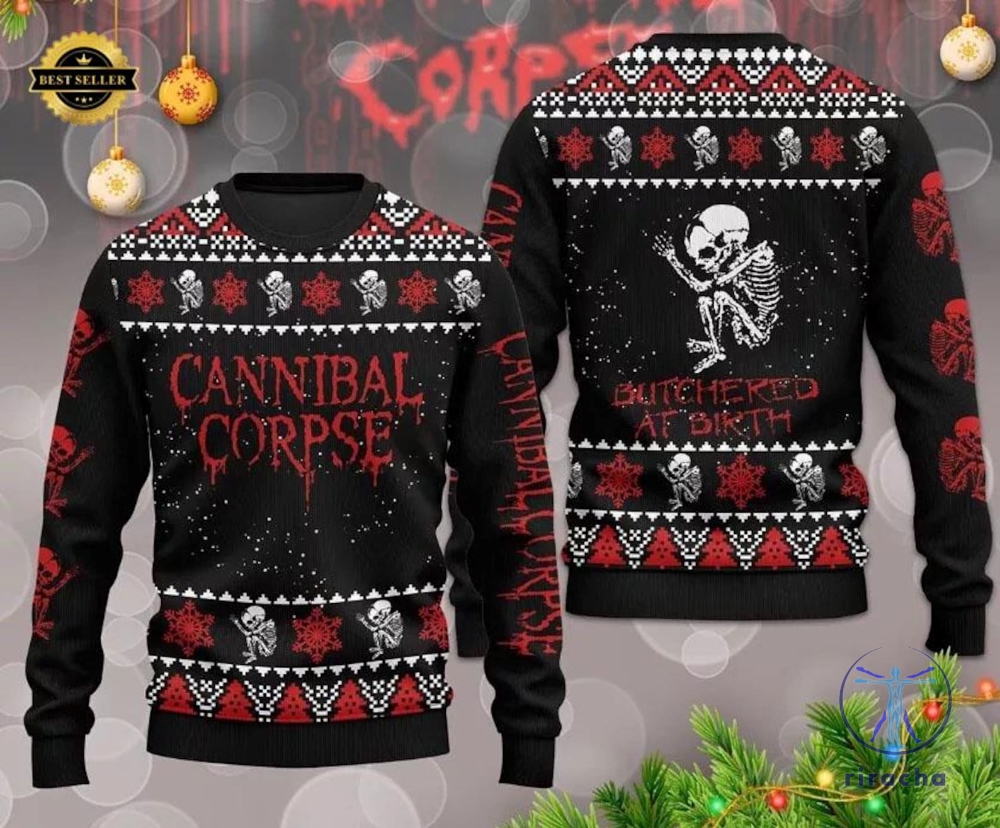 Cannibal Corpse Ugly Christmas Sweater Metal Band Holiday Sweater With Butchered At Birth Tee Gifts For Fan Men Women Gifts Unique