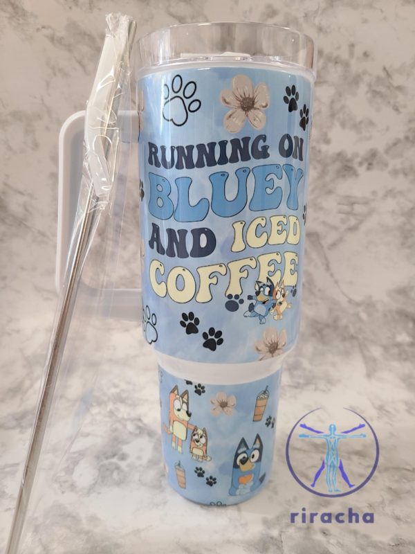 Running On Bluey And Iced Coffee Cartoon Character Stanley Cup 40Oz Tumbler Gift For Her Him Birthday Gift For Friend Water Bottle Unique riracha 1