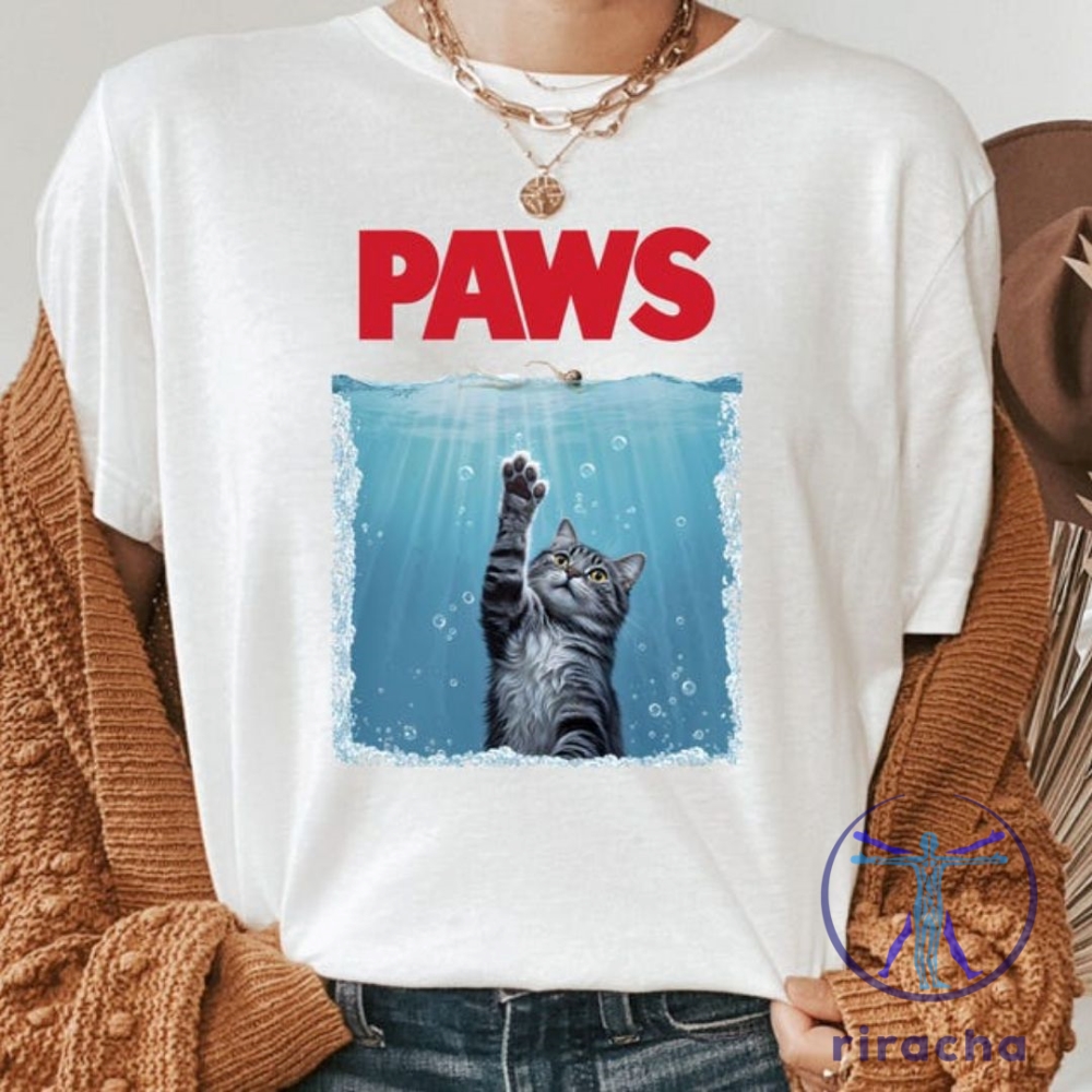 From Sharks to Stardust: Unique Niche Apparel and Drinkware for Movie Buffs, Cat Lovers, and Summer Style Fans 7 Funny Cat Movie Crossover Paws Kitten Jaws Parody T Shirt Hoodie Sweatshirt For Cat Lovers