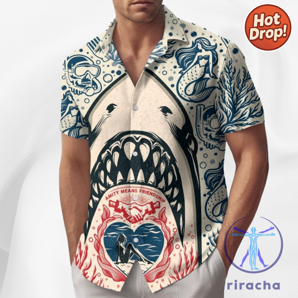 From Sharks to Stardust: Unique Niche Apparel and Drinkware for Movie Buffs, Cat Lovers, and Summer Style Fans 9 Shark Lovers Beachwear Shark Bite Hawaiian Shirt Hoodie Sweatshirt